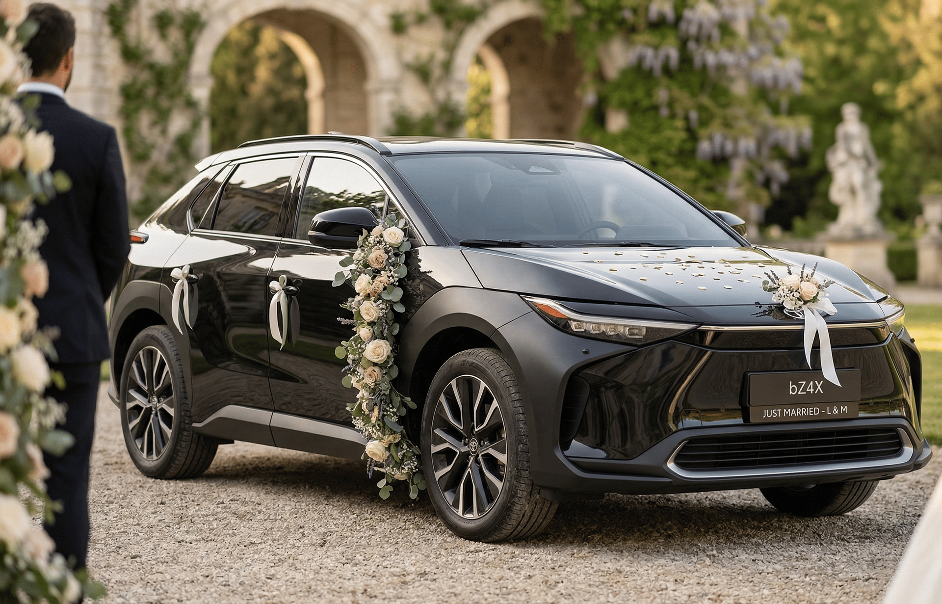 Toyota bZ4X décoré de fleurs blanches pour un mariage — chauffeur privé événements Metz Moselle Didier VTC
