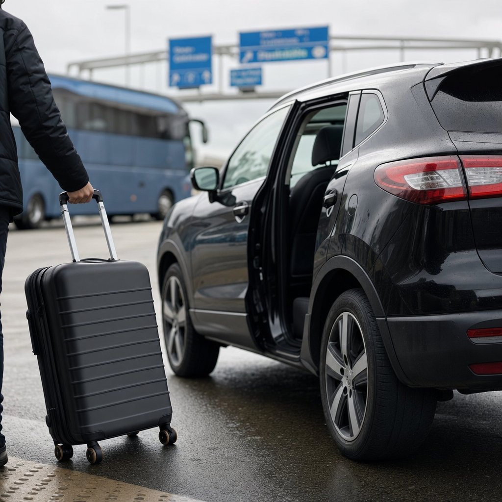 Bus depuis Metz vers Paris et Luxembourg : voyageur avec valise à un arrêt d'autocar et alternative VTC porte-à-porte