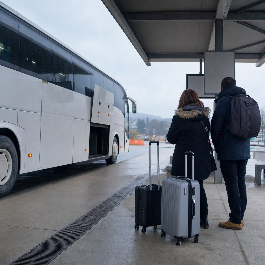 Voyageurs à la gare routière de Metz avant un bus vers l'aéroport Paris CDG — comparaison bus, TGV et VTC