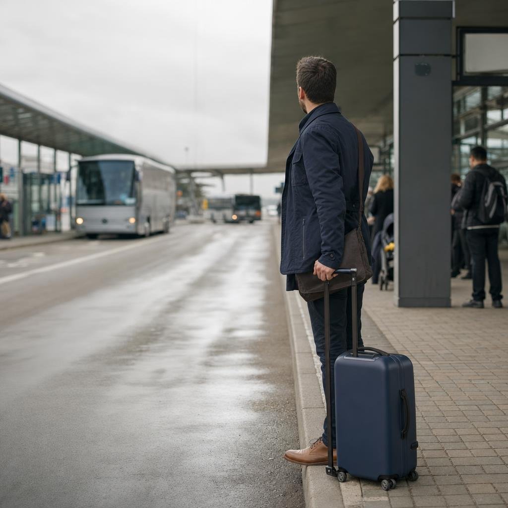 Bus Metz Sarrebruck — voyageur avec valise à la gare routière, alternative transfert VTC vers Saarbrücken