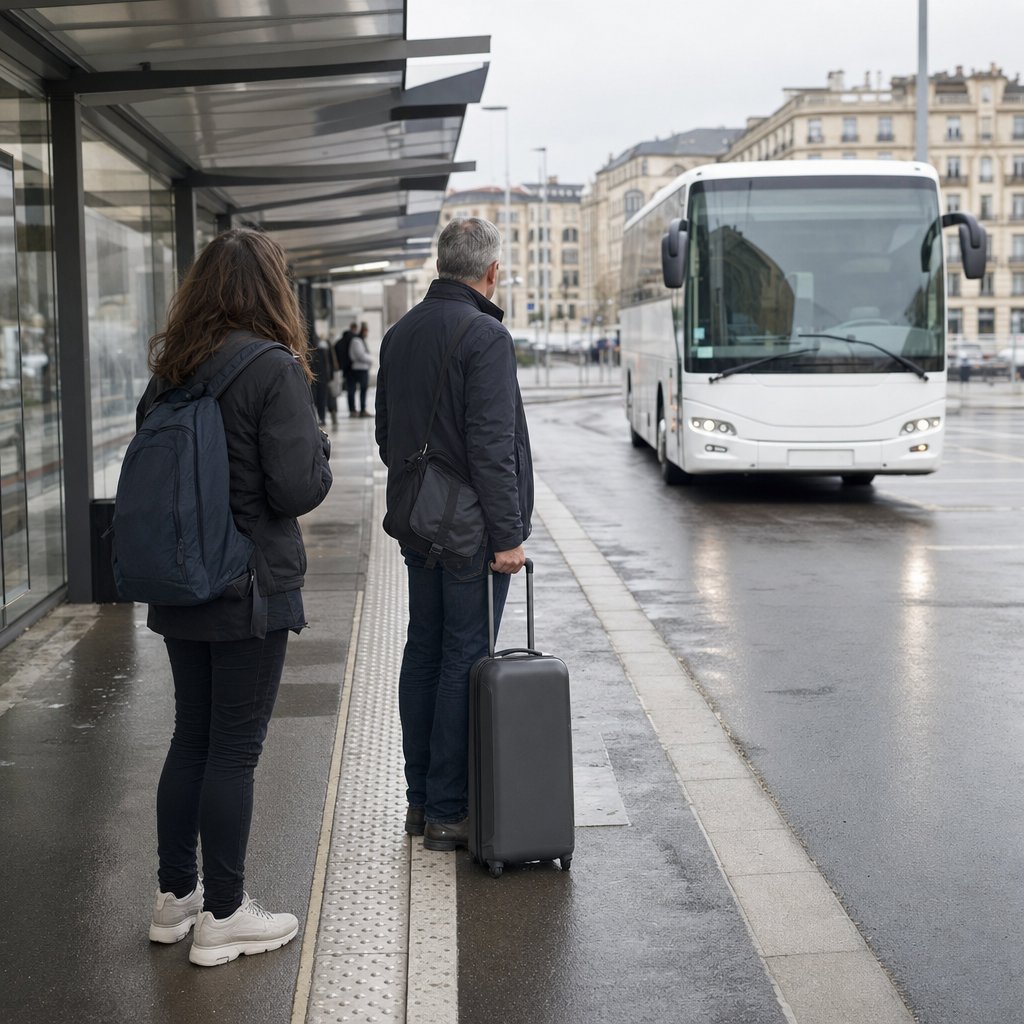 Bus Metz Strasbourg — voyageurs avec valises à la gare routière de Metz avant le départ de l'autocar pour Strasbourg