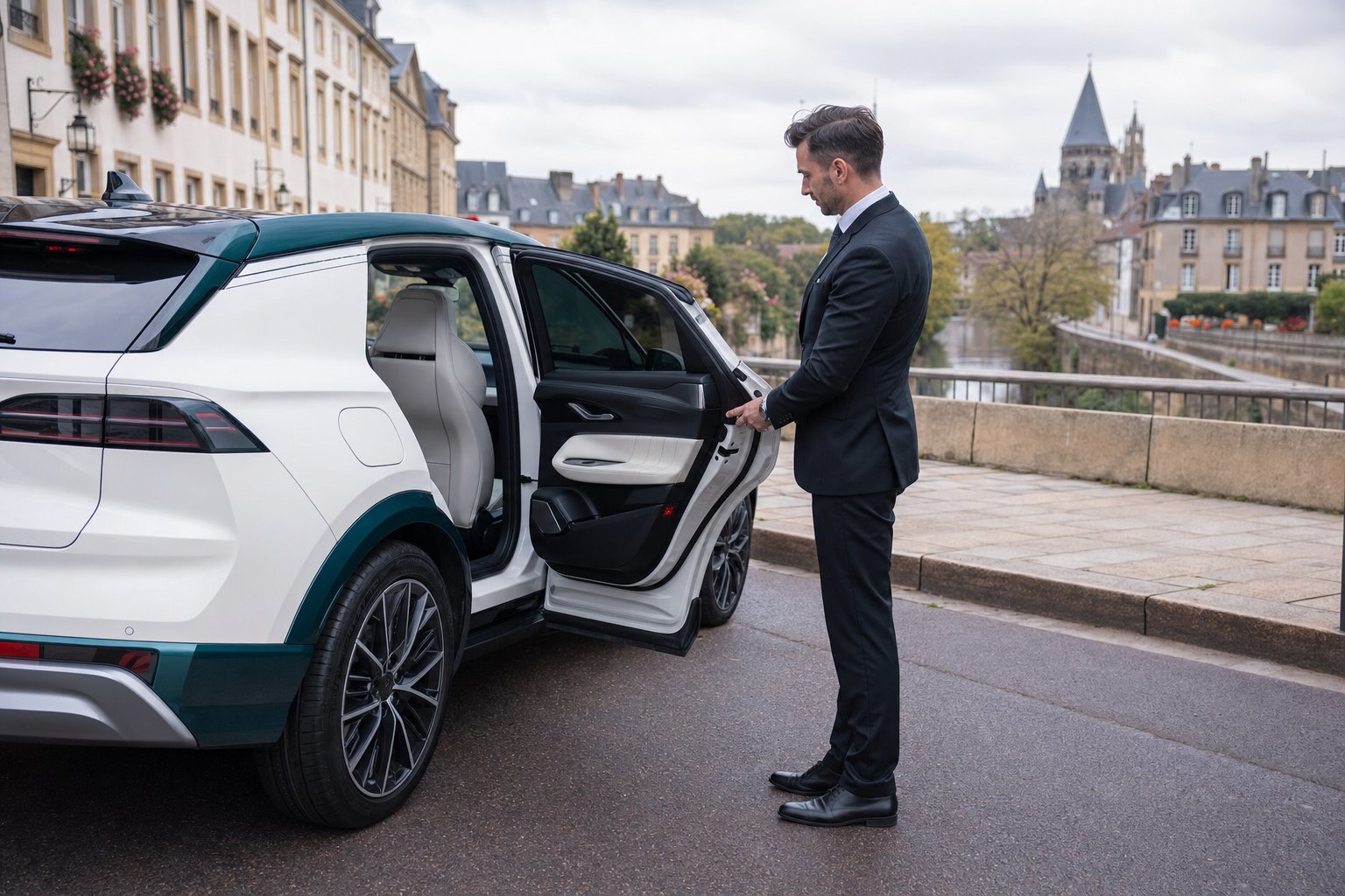 Chauffeur privé Metz en costume ouvrant la portière d'un véhicule électrique premium — Didier VTC