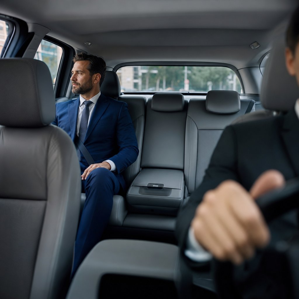 Intérieur premium d'un véhicule avec chauffeur privé à Metz — passager d'affaires à bord, Didier VTC