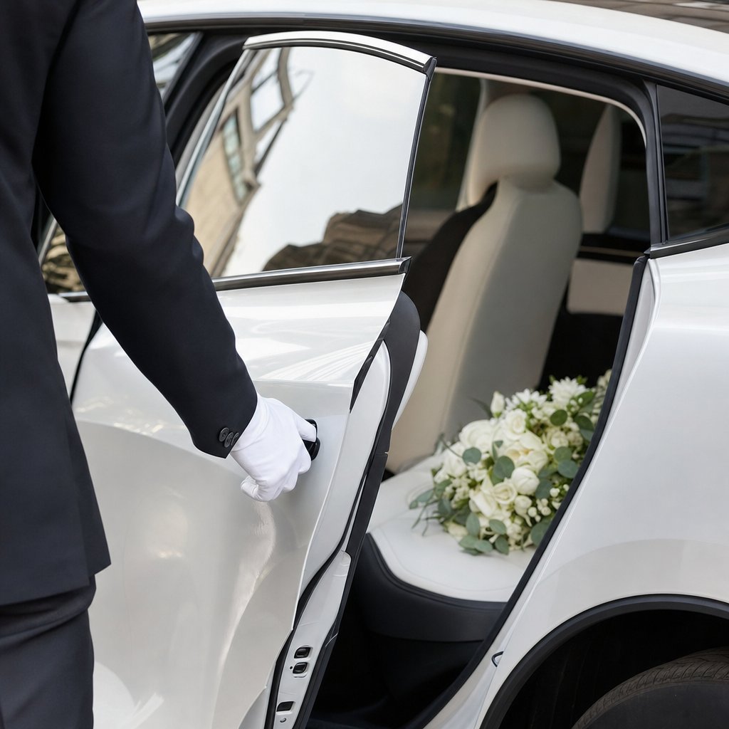 Chauffeur en costume ouvrant la portière de la voiture des mariés avec un bouquet — location voiture mariage Metz Didier VTC