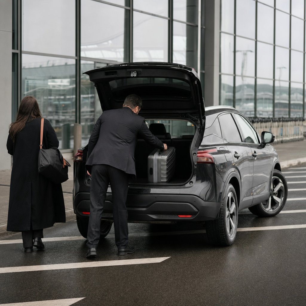 Alternative au parking de l'aéroport de Luxembourg : berline électrique noir avec chauffeur privé déposant des voyageurs au terminal de Findel depuis Metz