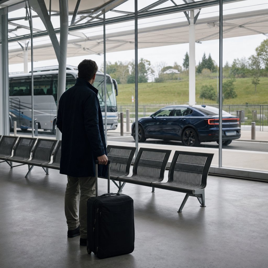 Hall de la Gare Lorraine TGV à Louvigny — voyageur consultant les horaires de la navette vers Metz