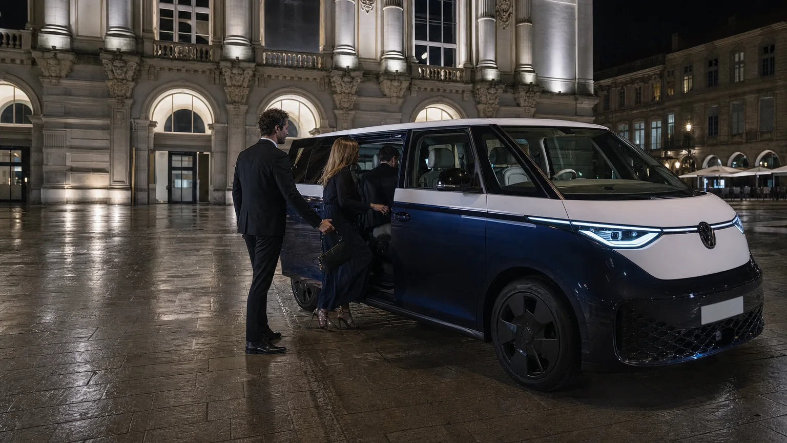 Chauffeur privé ouvrant la porte du van Volkswagen ID. Buzz 6 places à des amis en tenue de soirée, à Metz la nuit — Didier VTC