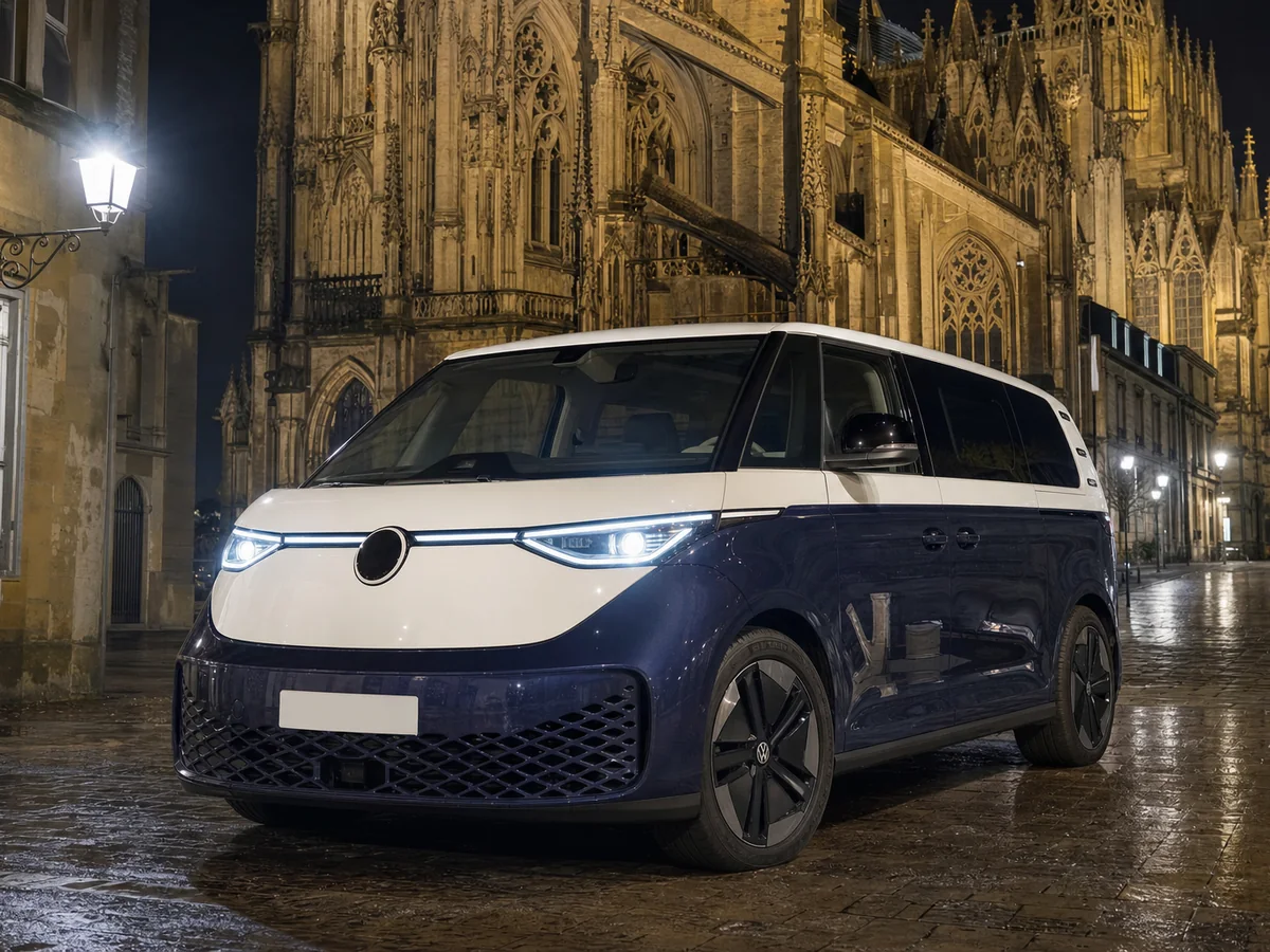 Volkswagen ID. Buzz bicolore blanc et bleu devant la cathédrale de Metz la nuit — van 100 % électrique 6 passagers, VTC Metz